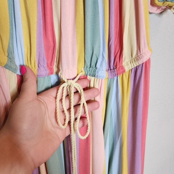 Torrid Midi Challis Off-Shoulder Dress Rainbow Stripe Stretch Size 0 Lrg pockets - Picture 12 of 16